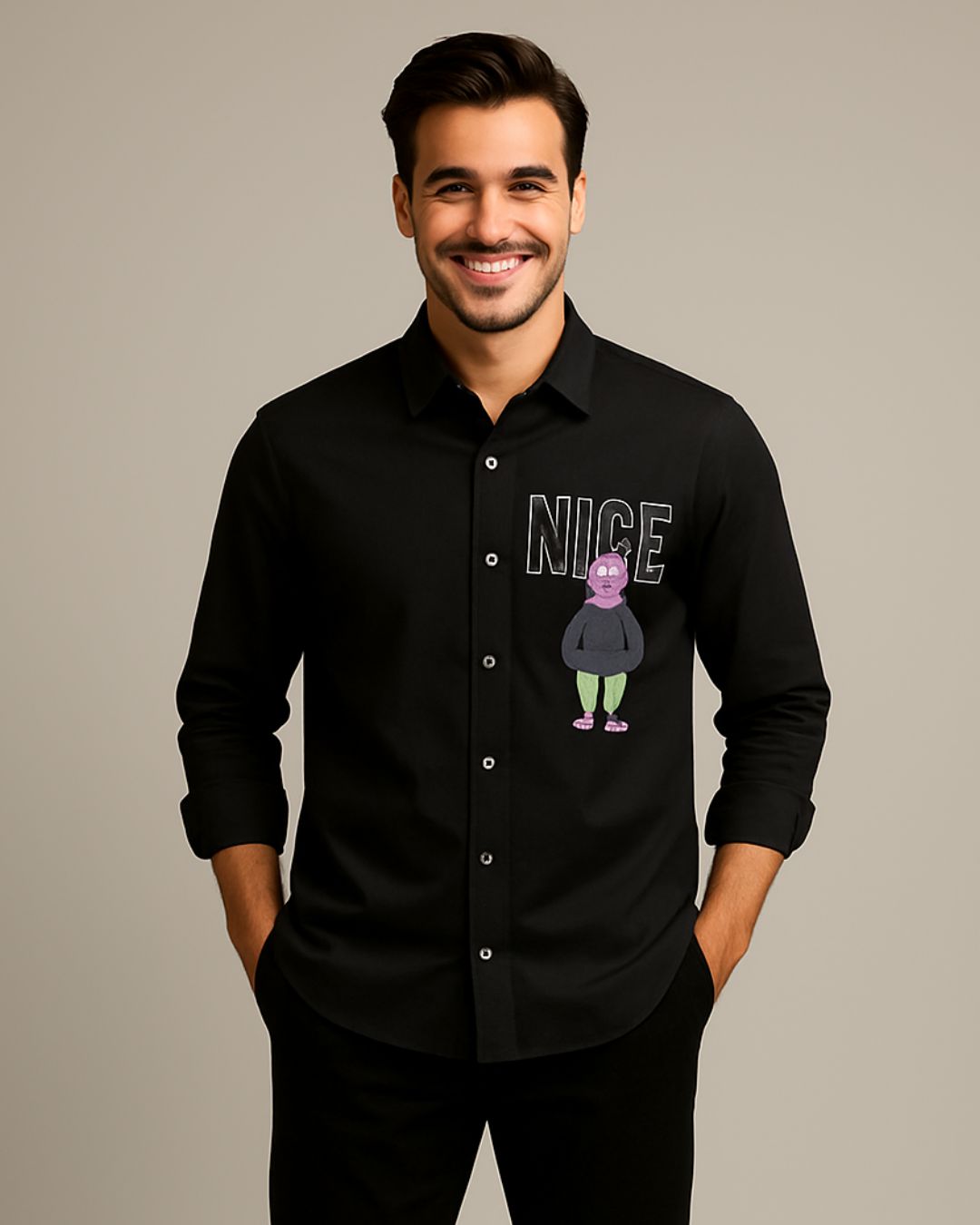 MEN'S NICE SMILE FULL SLEEVE BLACK SHIRT