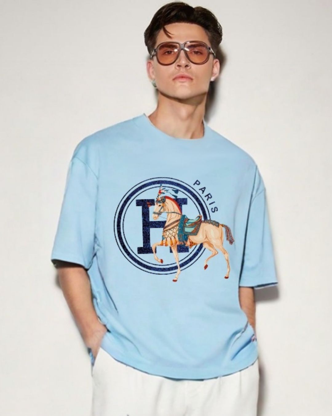 MEN'S PARIS HORSE OVERSIZED TSHIRT (BLUE)