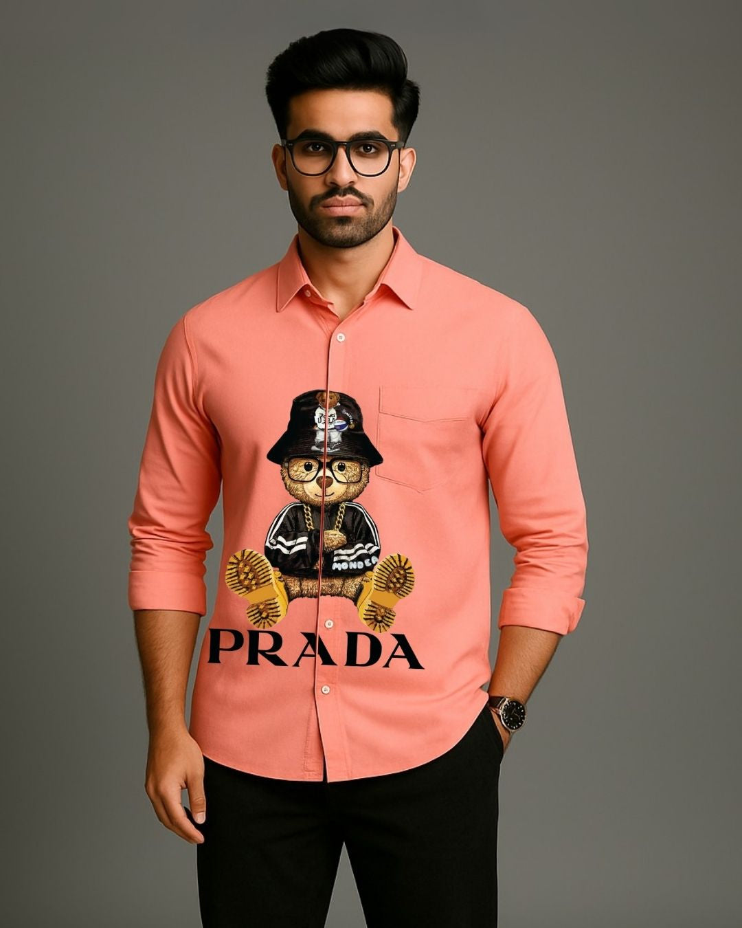 MEN'S PRADA TEDDY FULL SLEEVE PEACH SHIRT