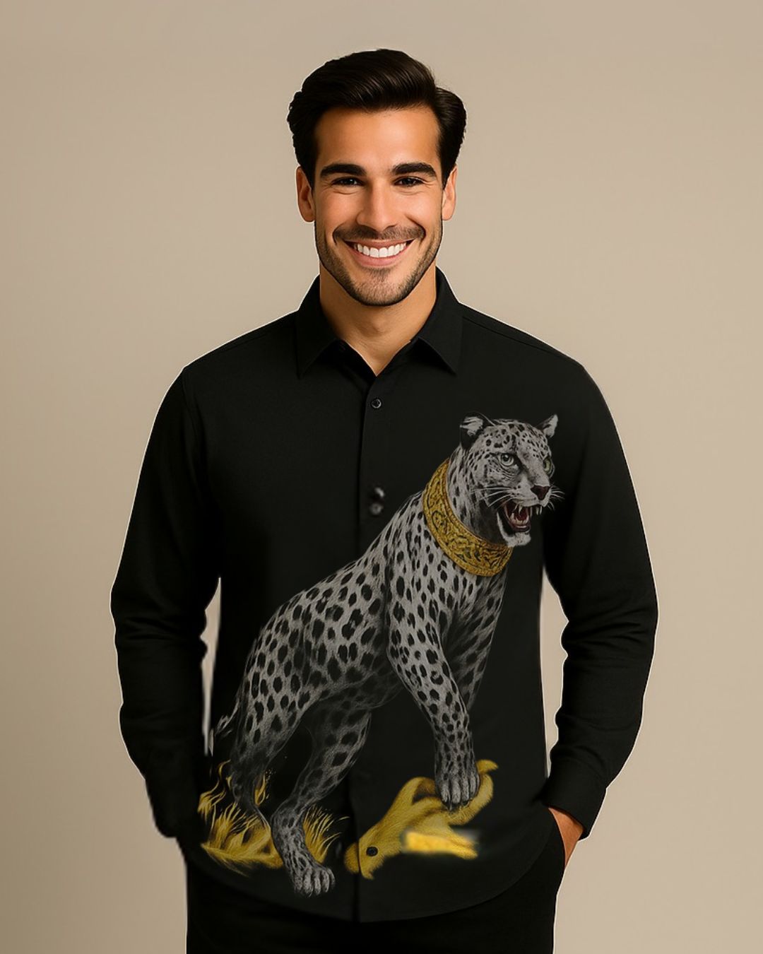 MEN'S REGAL CHEETAH FULL SLEEVE BLACK SHIRT