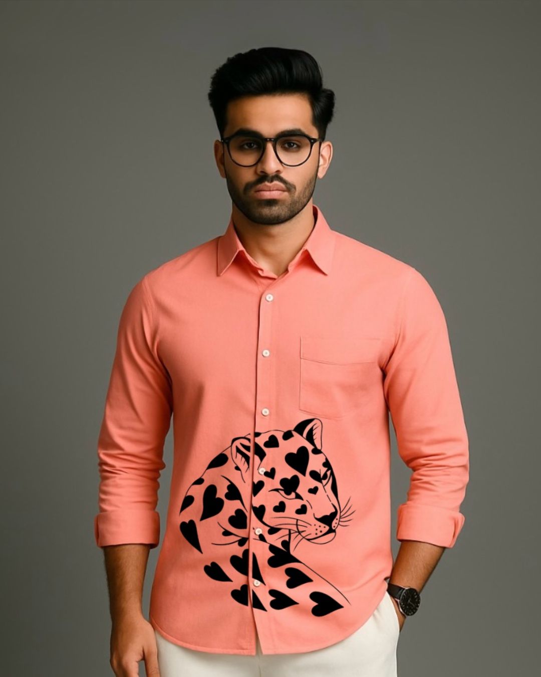 MEN'S SNOW LEO FULL SLEEVE  PEACH SHIRT