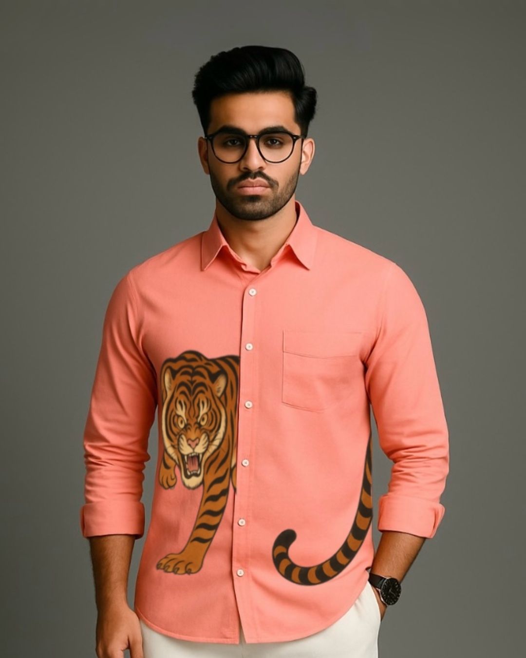 MEN'S TIGER ATTACK FULL SLEEVE PEACH SHIRT