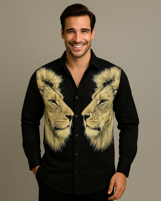 MEN'S TWO FACED LION SILK FULL SLEEVE BLACK SHIRT