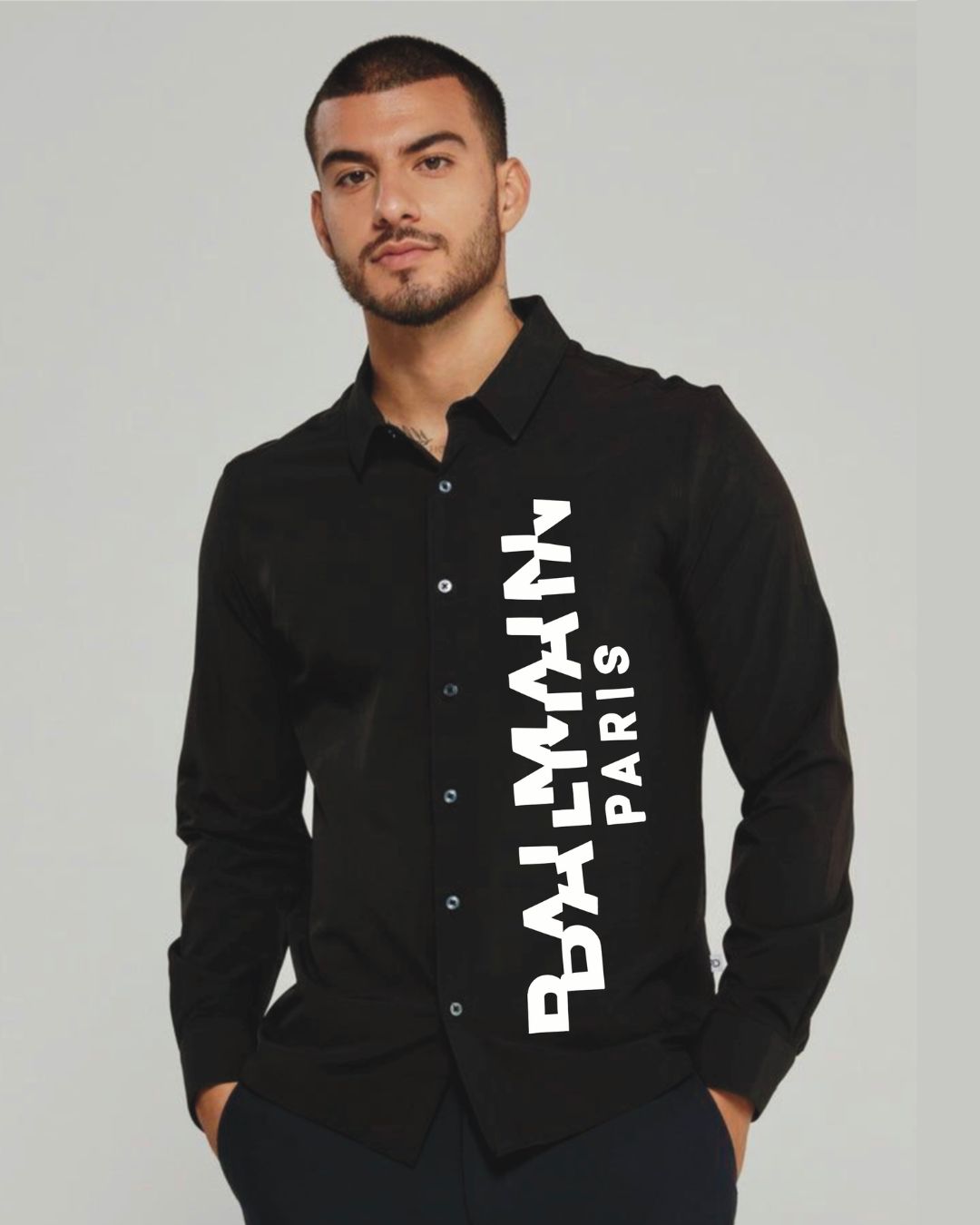 MEN'S LUXURY PARIS  FULL SLEEVE BLACK  OVERSIZED KNITTED SHIRT(*)