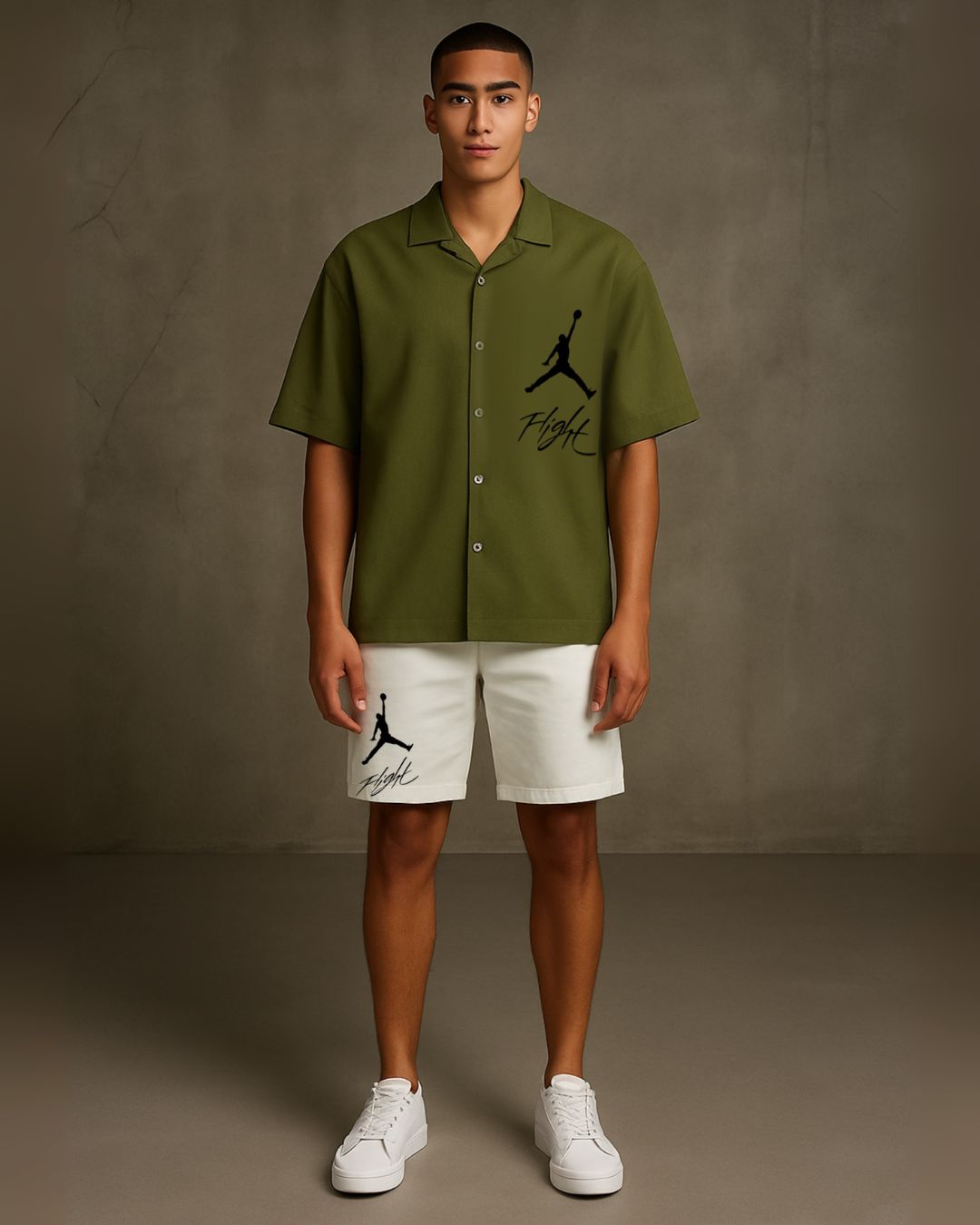 Black Flight half sleeve shirt with shorts cordset (olive and white )(*)