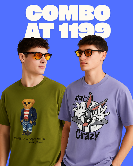 POLO BEAR (OLIVE), STAY CRAZY (PURPLE) TEE COMBO OF 2(*)