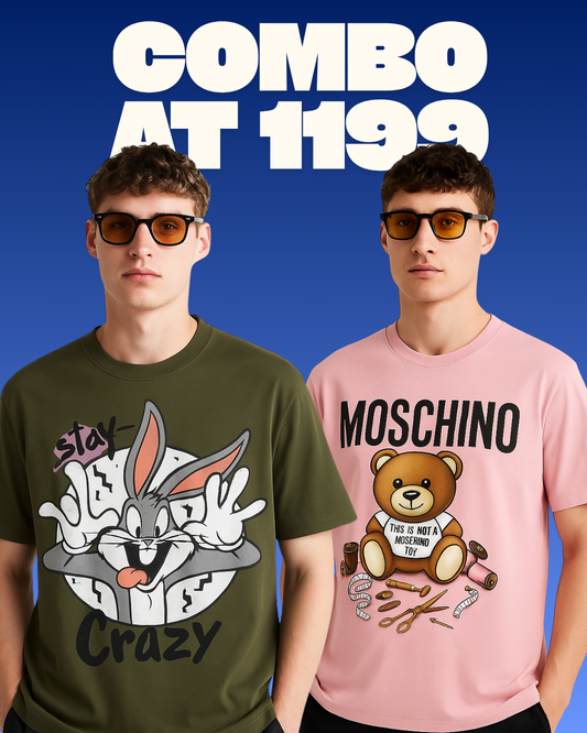 STAY CRAZY (OLIVE), MOSCHINO (PINK) TEE COMBO OF 2(*)