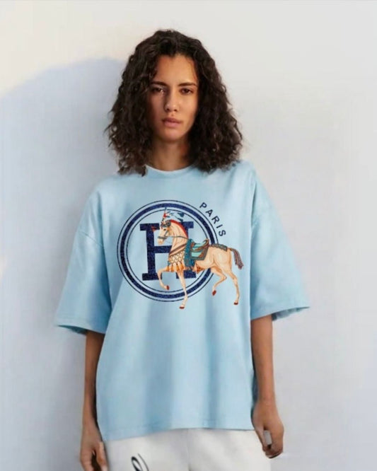 WOMEN'S PARIS HORSE OVERSIZED TSHIRT (BLUE)