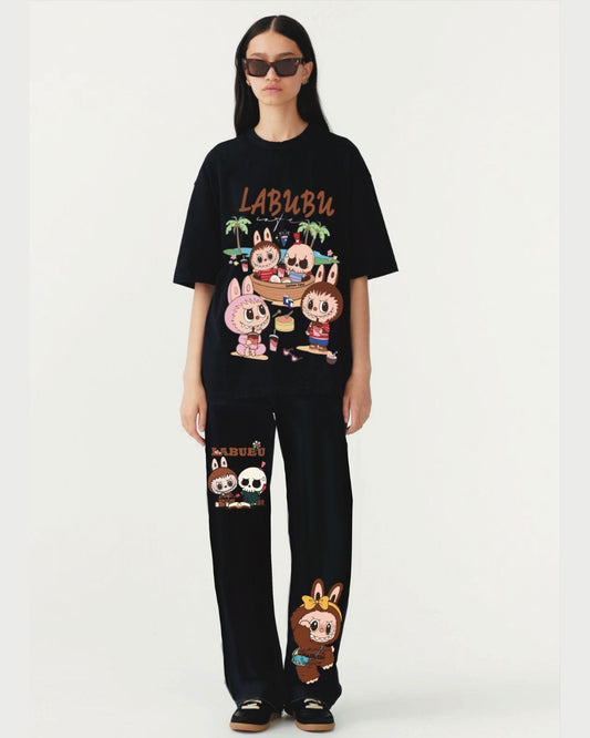 Women beach vibe labubu cordset (black and black)