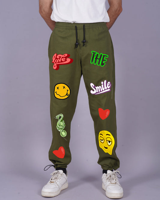 Men Olive Cargo Pants - Love Smiley Design