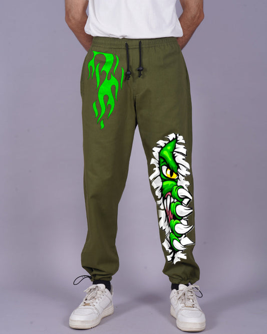 Men's Olive Cargo Pants with Hidden Dragon