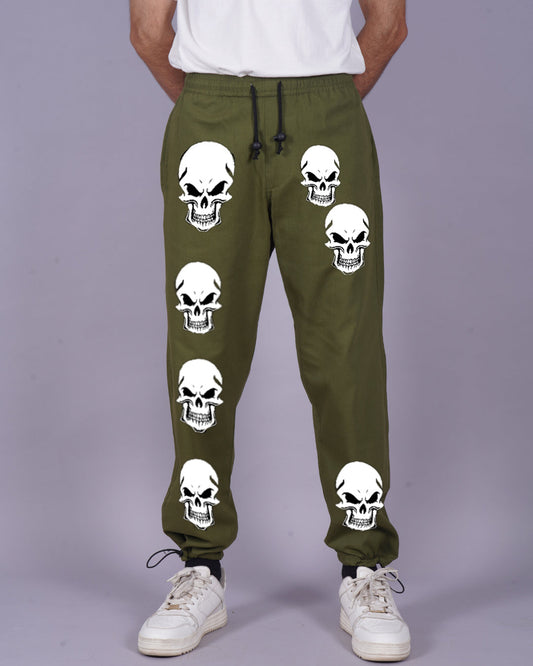 Men Olive Cargo Pants - Skull Print