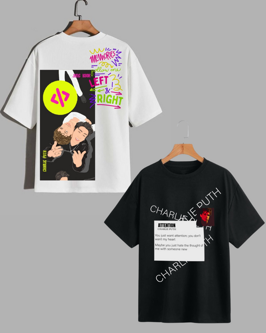 Pack Of 2 - Men's Charlie Puth Oversized T-shirt - Left & Right and Attention